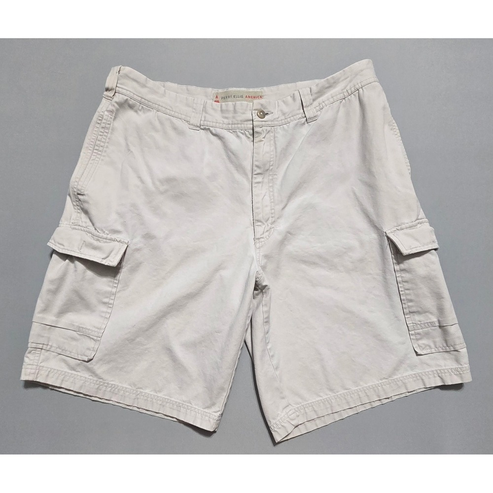 Perry Ellis America Cargo Shorts Mens 38 Light Beige Utility Cotton Distressed
